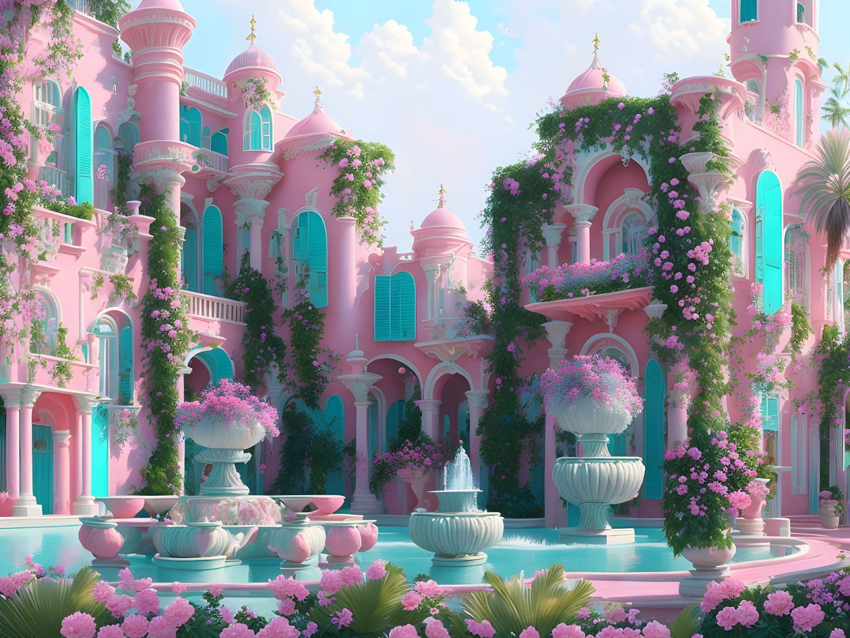 Pink palace with ornate towers in lush garden setting