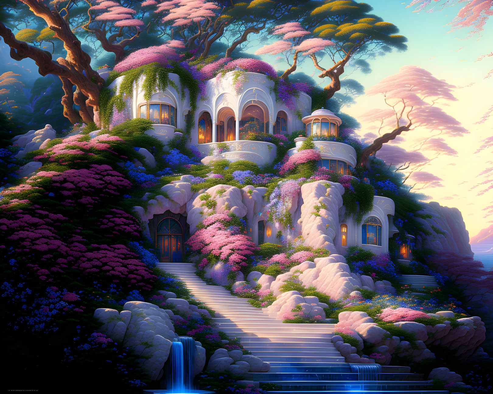 Colorful Fantasy Villa Surrounded by Blooming Flowers and Pink Foliage