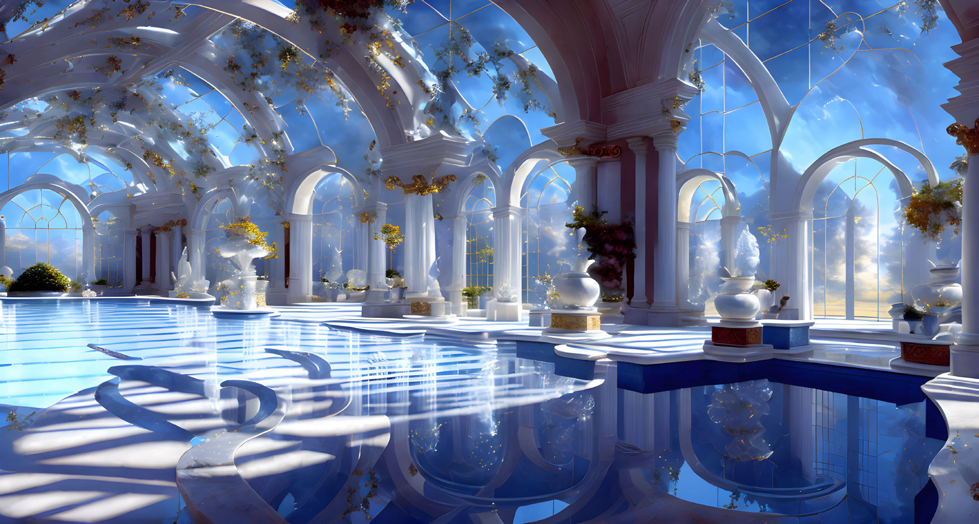 Grand Hall with Arches, Marble Columns, Plants, Sunbeams, Glossy Blue Floor