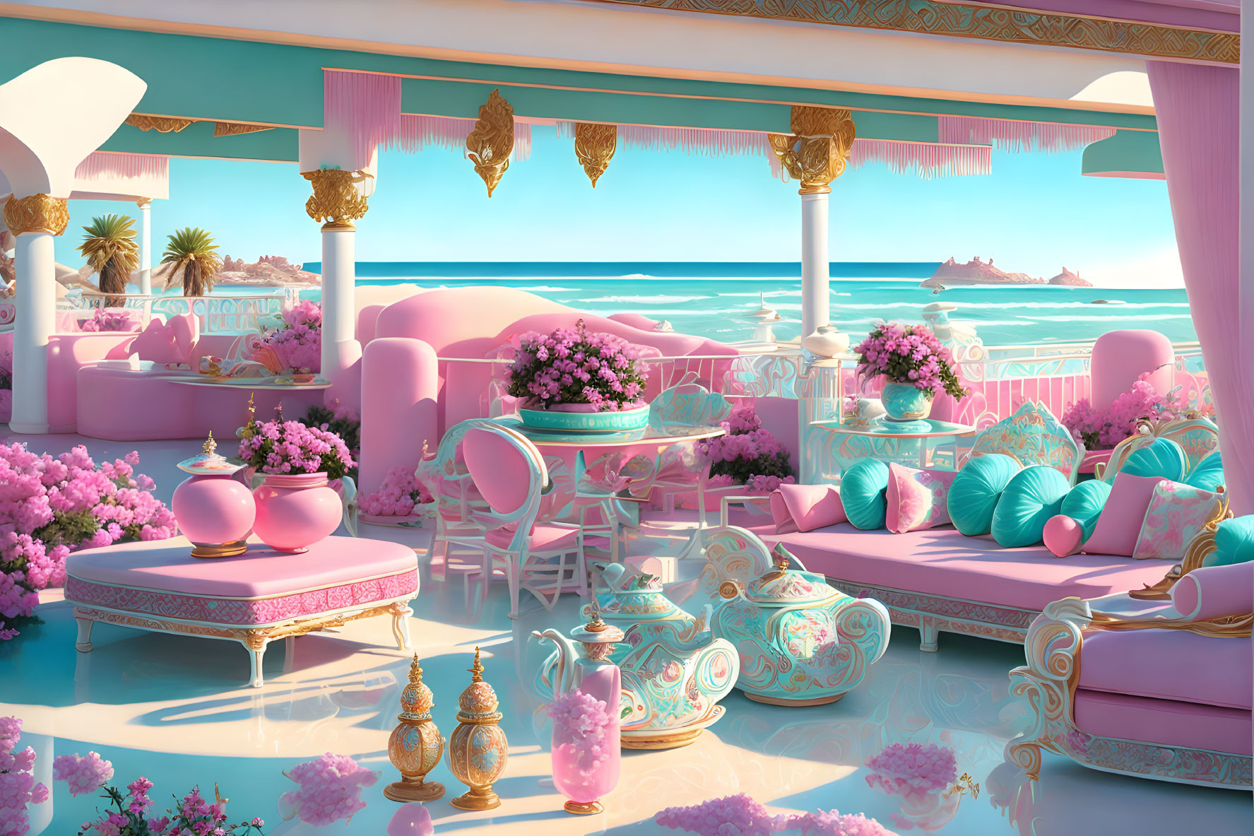 Pastel-Colored Beachside Lounge with Pink Seating & Ocean View