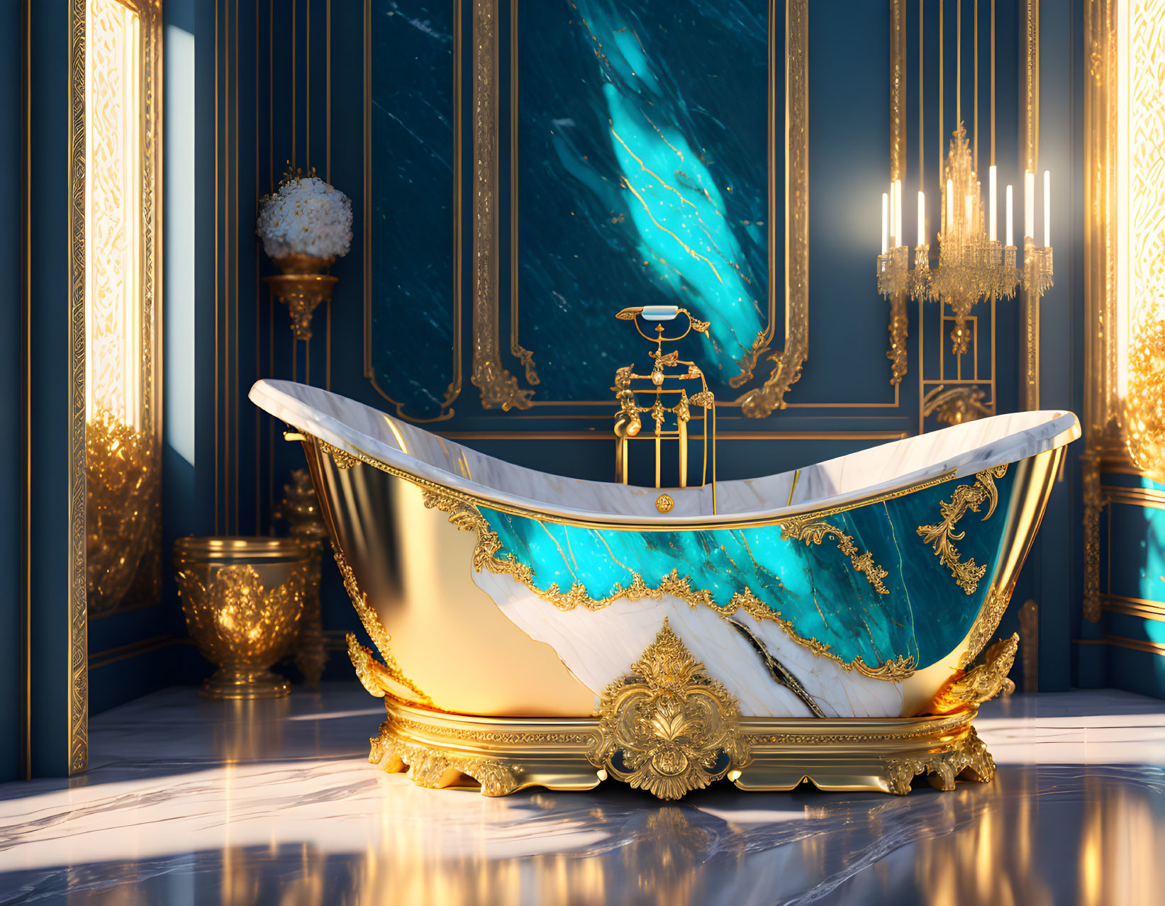 Opulent bathroom with golden claw-foot bathtub and marble floors