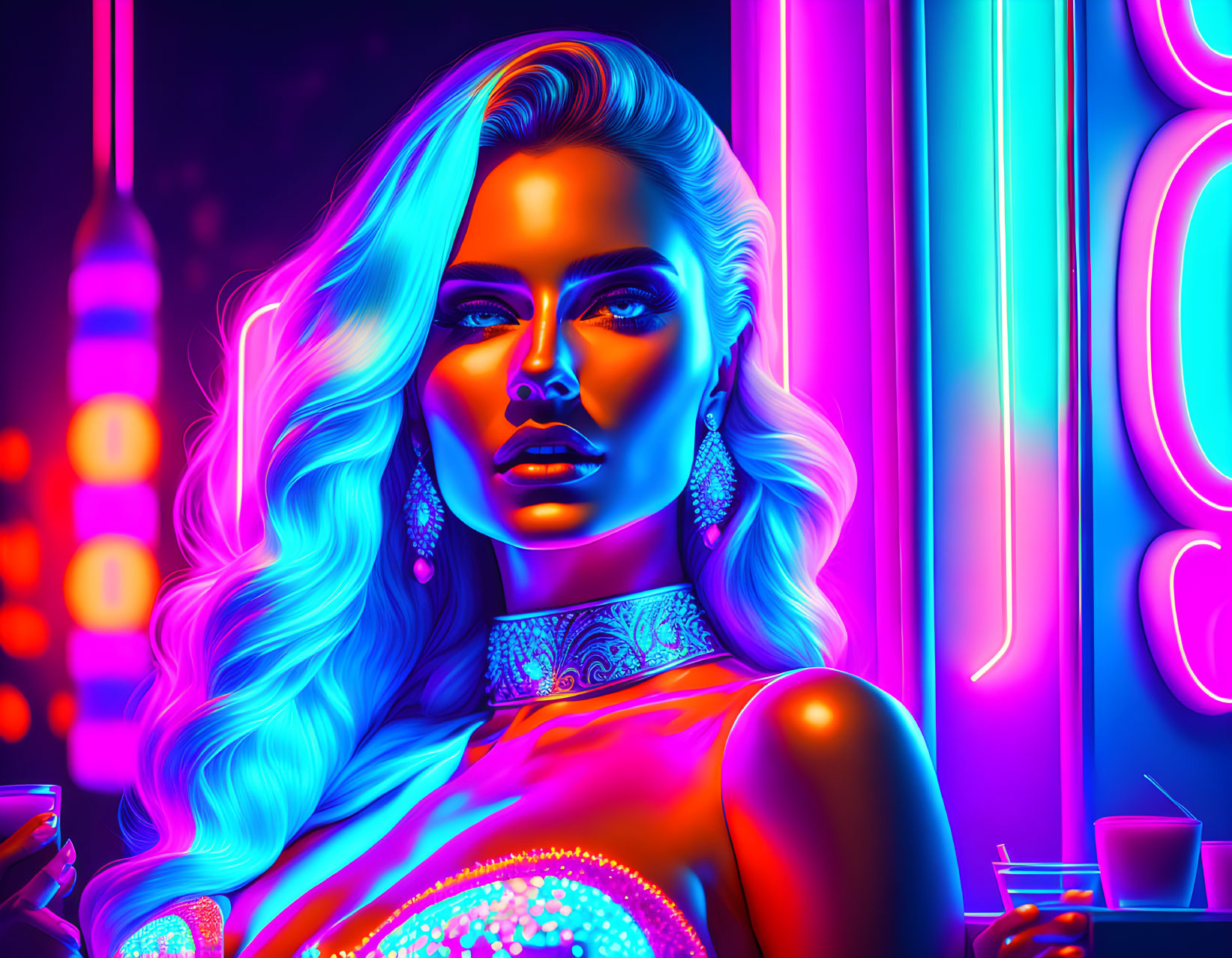 Vibrant digital portrait of woman with blue skin and blonde hair under neon lights