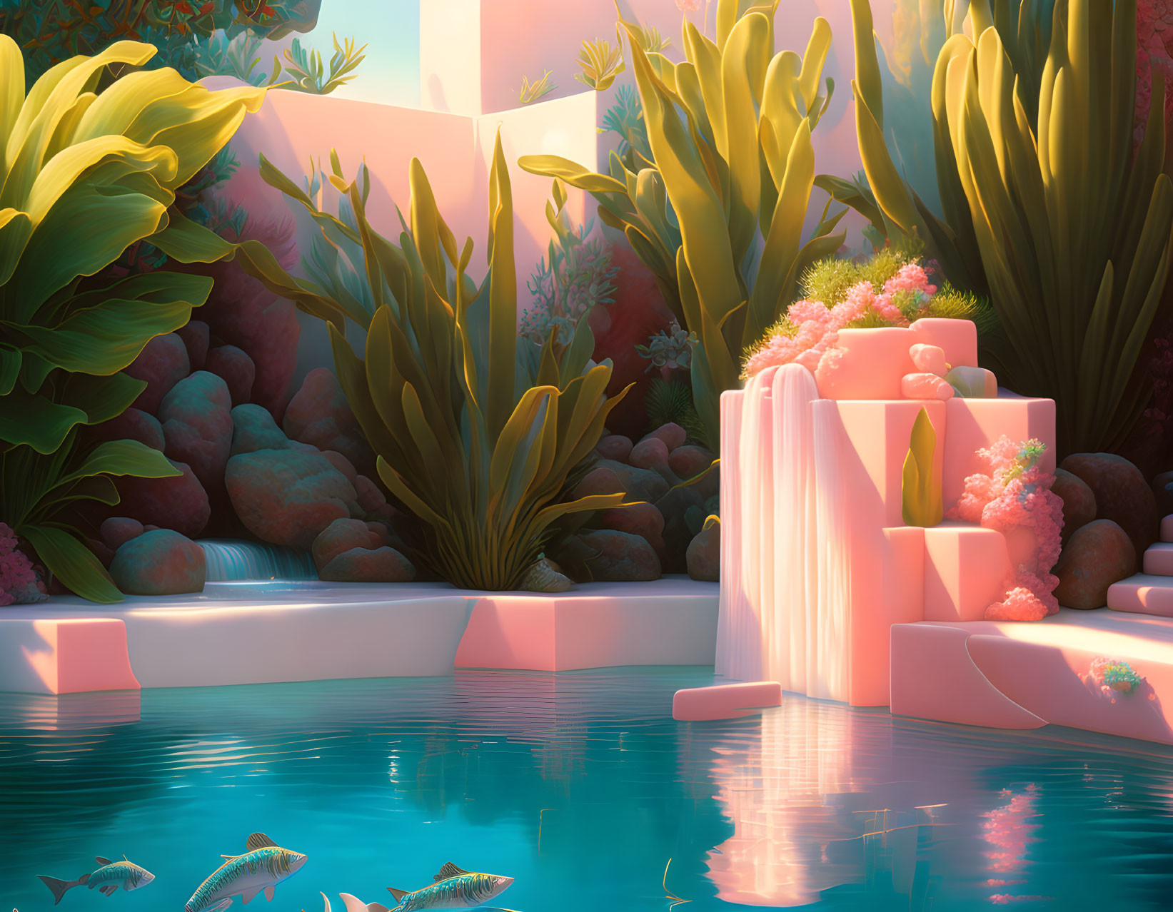 Tranquil surreal landscape with pastel flora, waterfalls, and serene pool