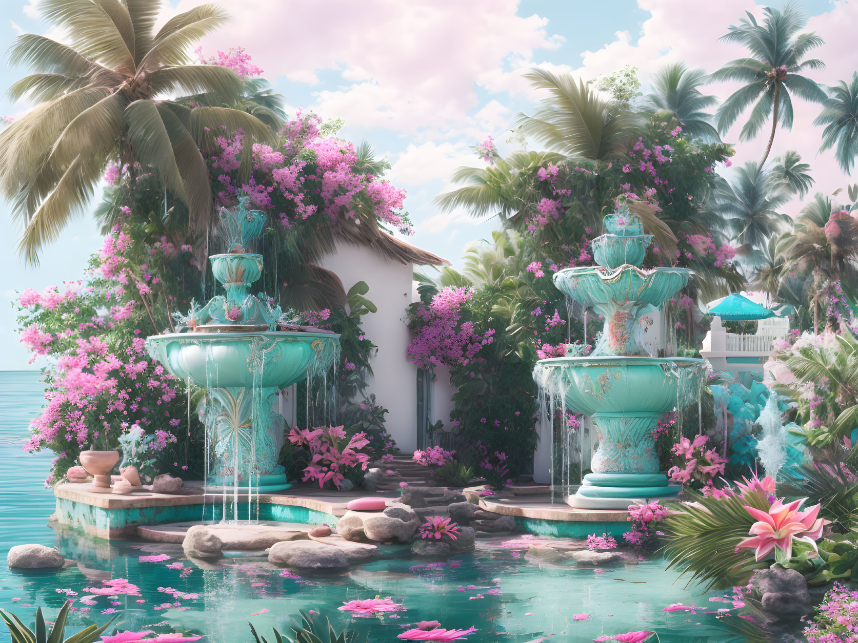 Tranquil Tropical Landscape with Pink Blossoms and Turquoise Fountains
