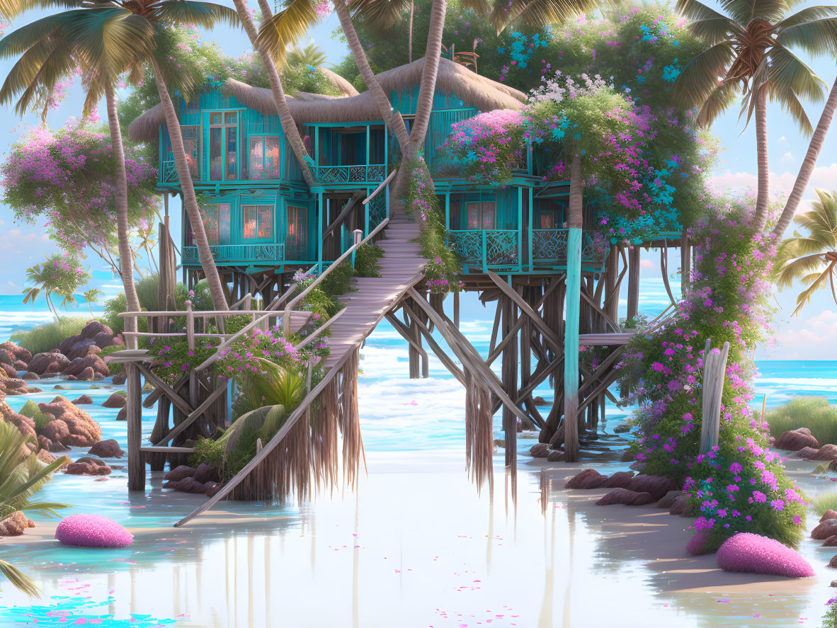 Tranquil Tropical Beach Scene with Stilted Turquoise House