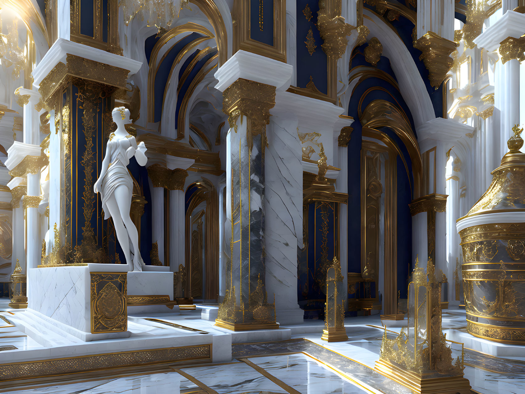 Luxurious interior with marble floors, gold accents, grand arches, and central statue.