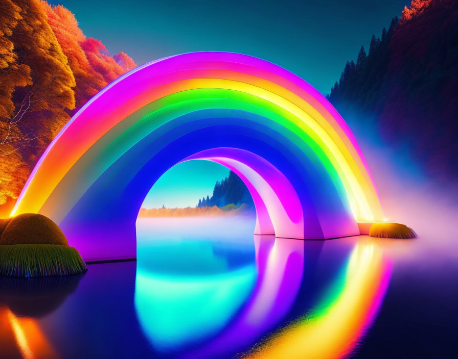 Colorful digital artwork: Rainbow over misty lake & autumn trees