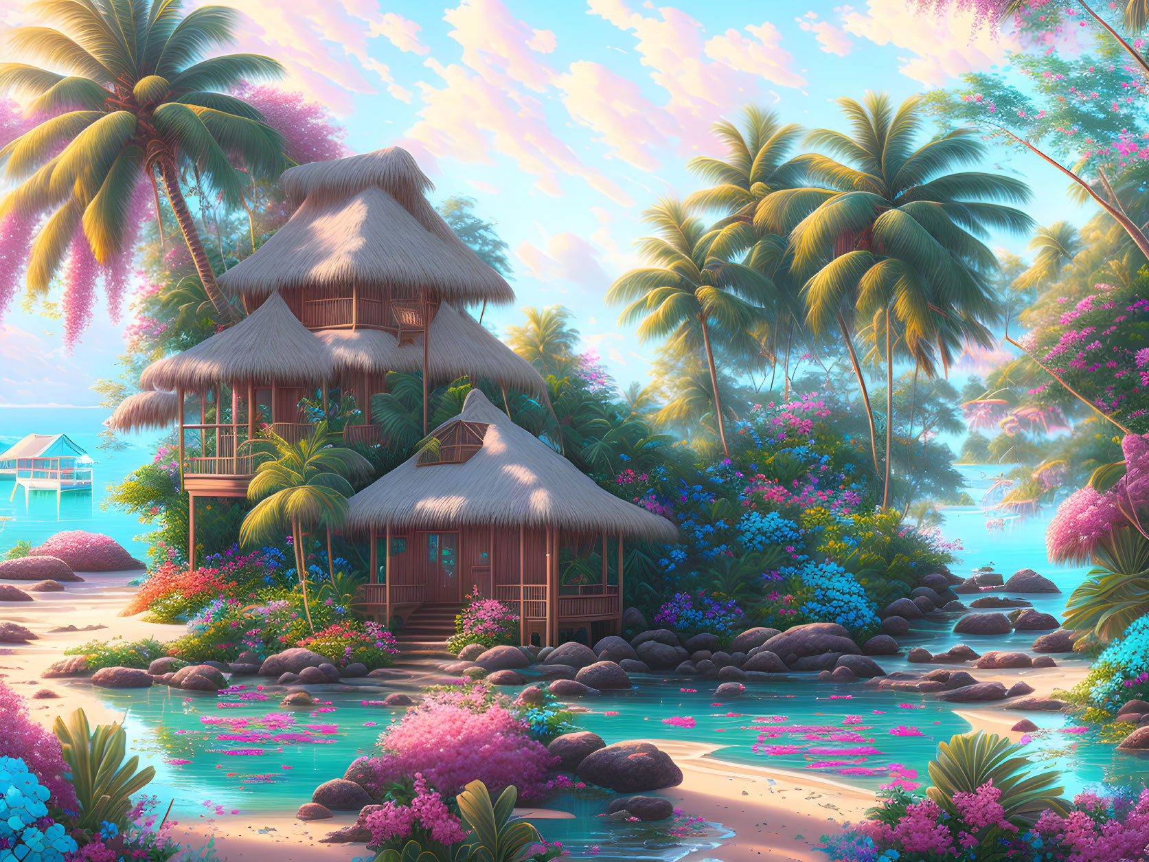 Tropical landscape with palm trees, thatched huts, lagoon, and colorful flora