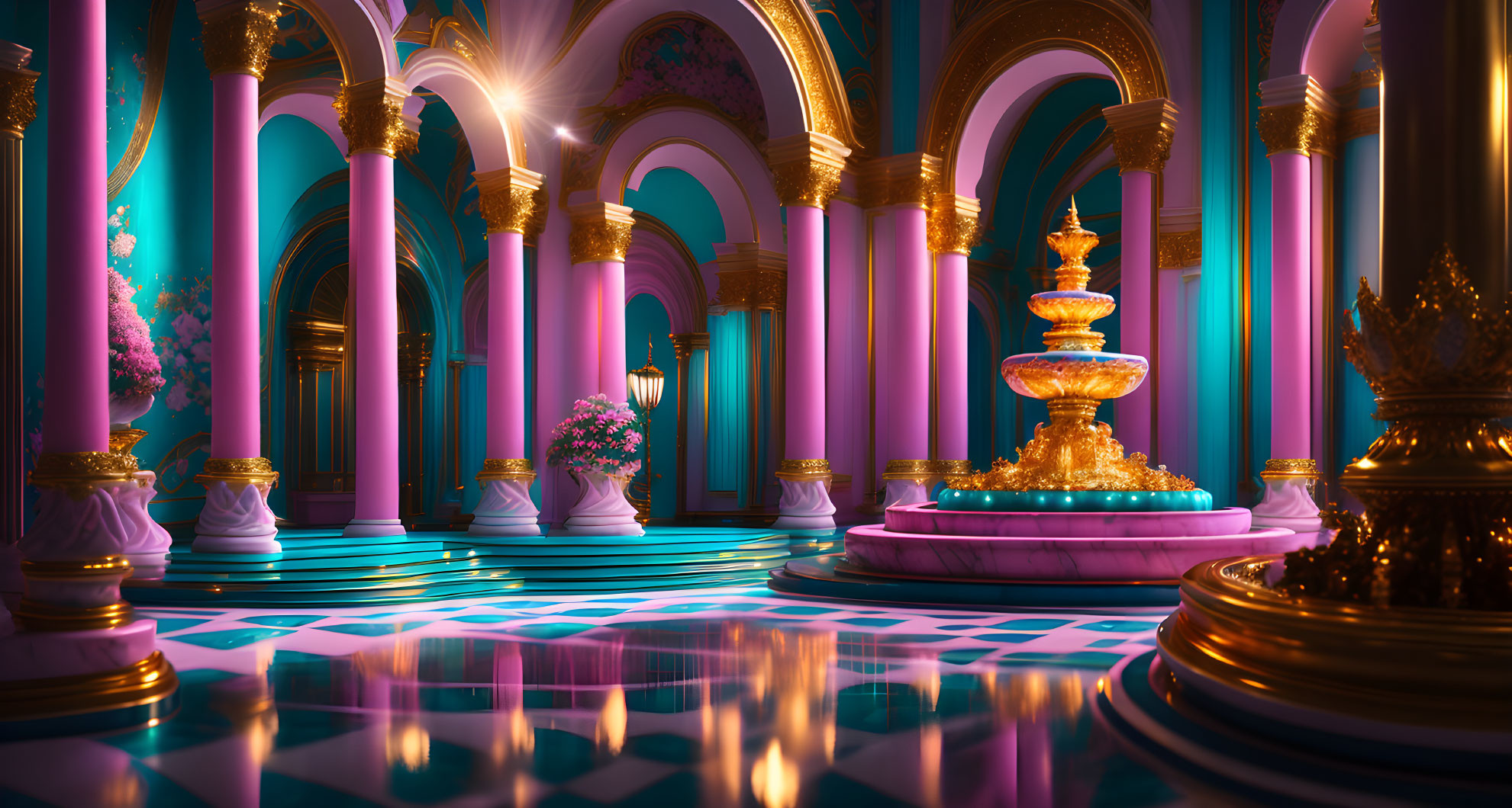 Fantasy palace interior with golden accents, fountain, pink trees, blue and pink lighting