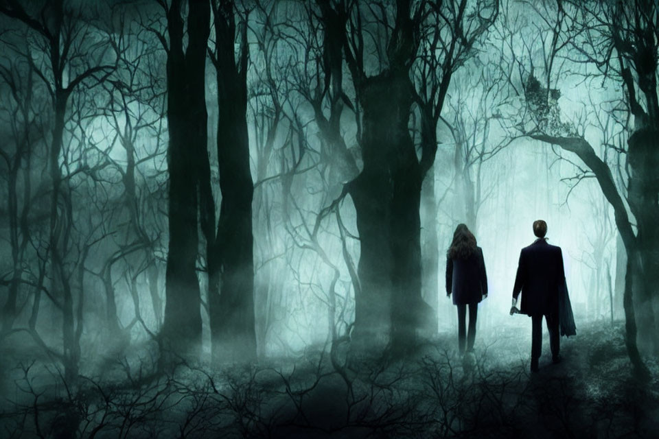 Silhouetted figures walking in misty, eerie forest with bare trees