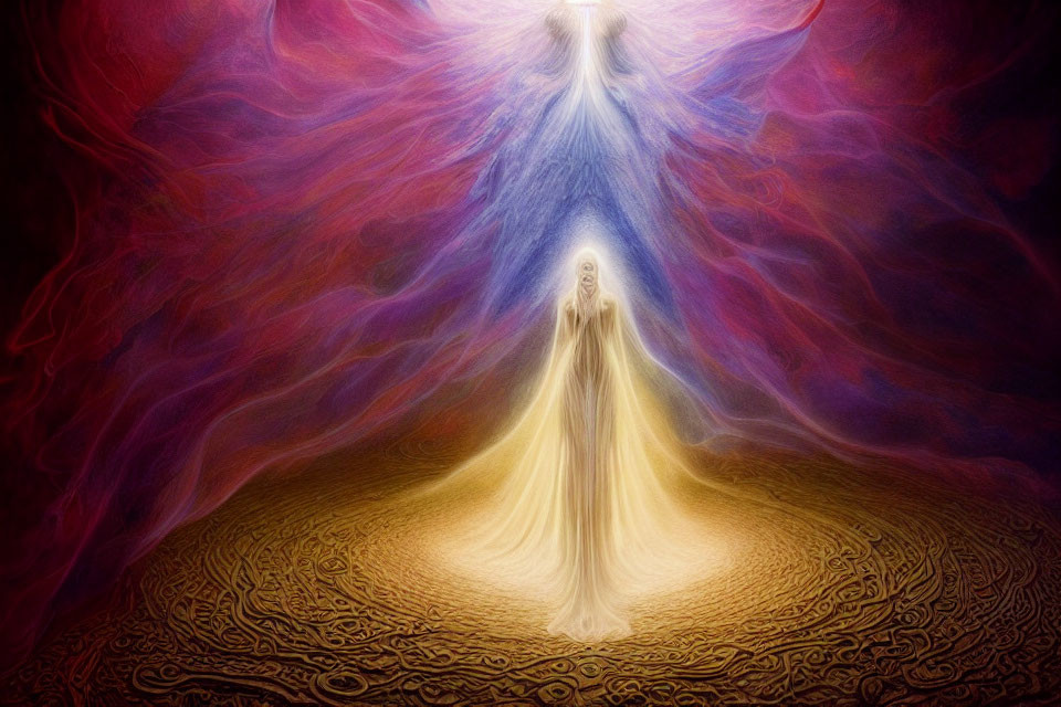Celestial-themed digital art with golden figure and red/blue beings