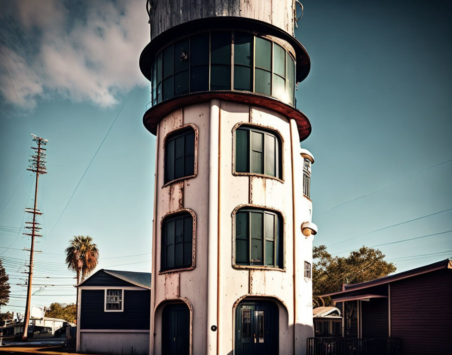 Cylindrical vintage lighthouse near residential buildings in clear sky