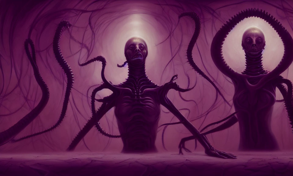 Eerie skeletal figures in purple tunnel with glowing orbs