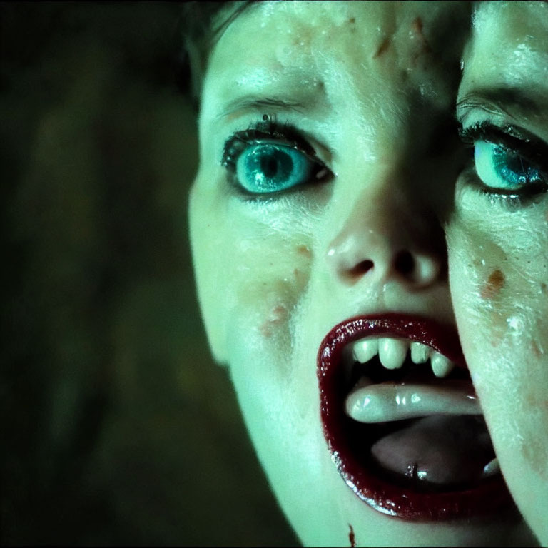 Close-up of person with open mouth, green eyes, blood splatter, conveying horror.
