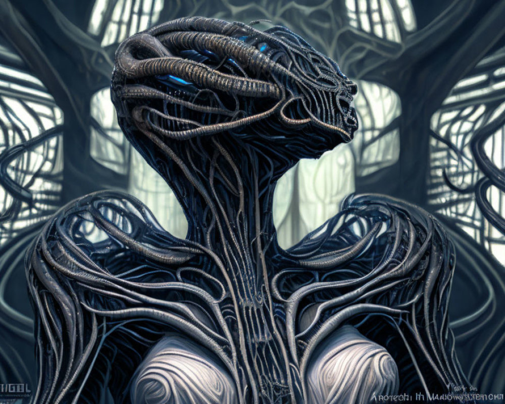 Detailed digital artwork: Alien with biomechanical design, intricate textures, monochromatic palette, futuristic