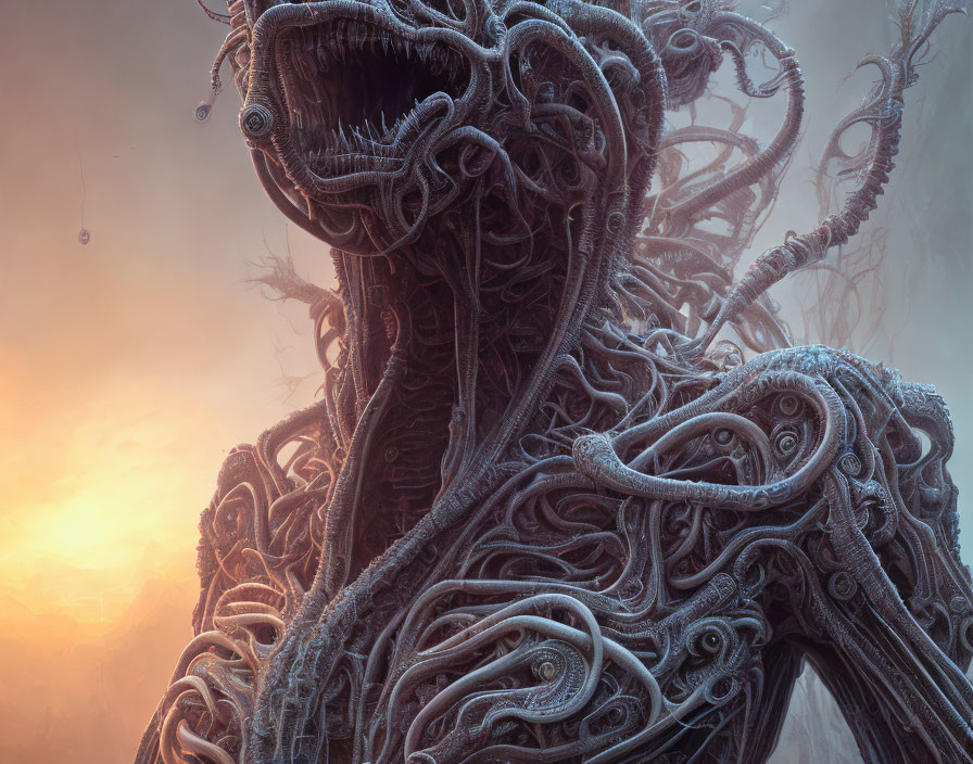 Alien creature digital artwork with tentacle-like structures on misty sunset backdrop