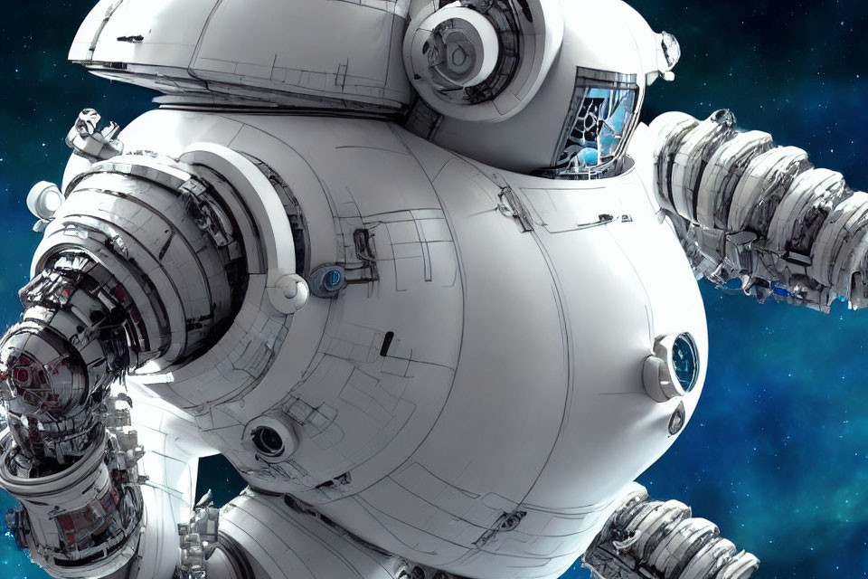 Detailed futuristic space station with mechanical arms and modules in starry setting