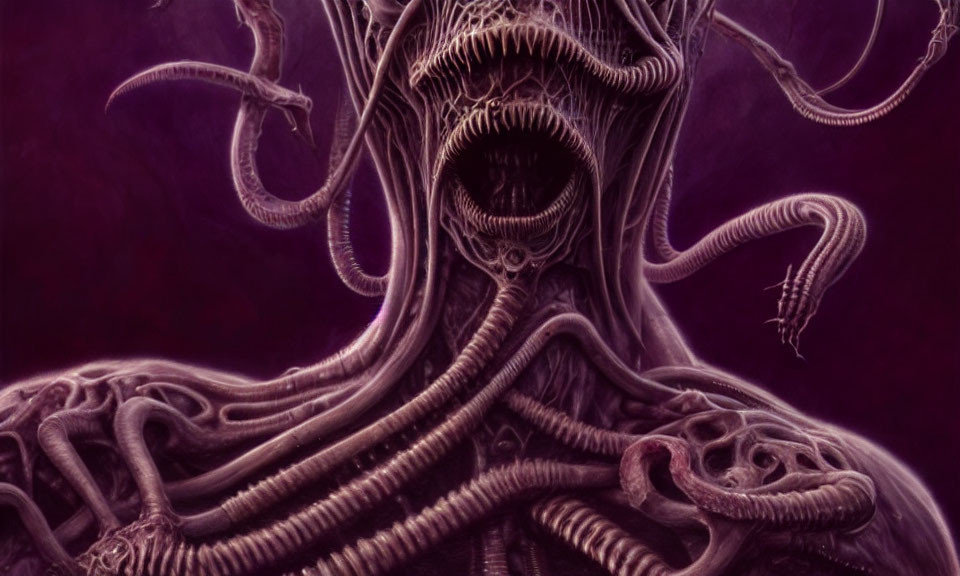 Surreal alien creature with tentacles on purple background