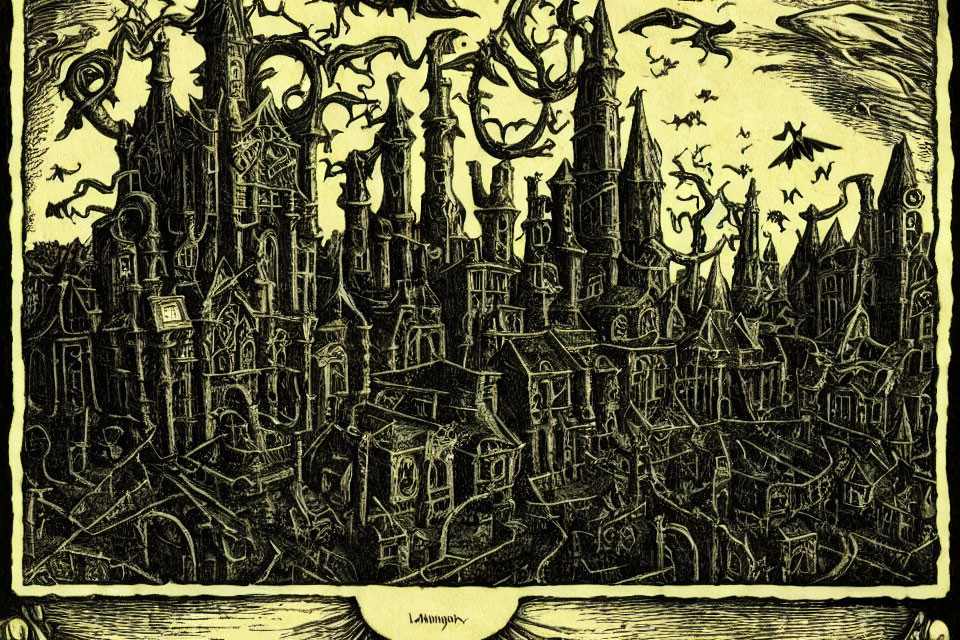 Detailed Gothic-style black and white cityscape illustration with spires and flying creatures.