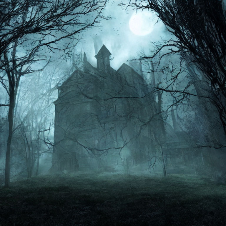Spooky haunted house in foggy moonlit scene