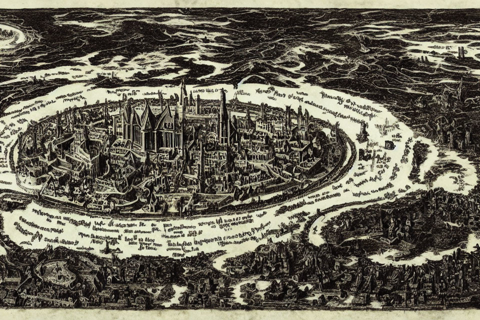Panoramic sketch of fortified city surrounded by river and intricate buildings.