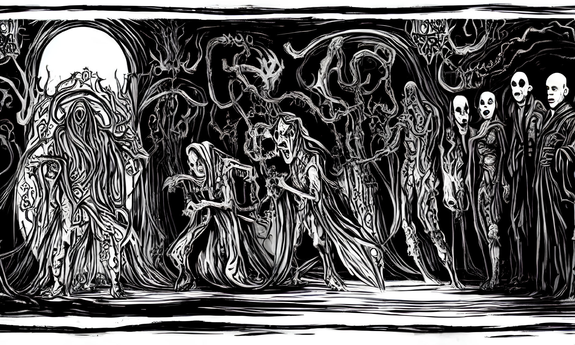 Monochromatic illustration of ghostly figures in dark forest