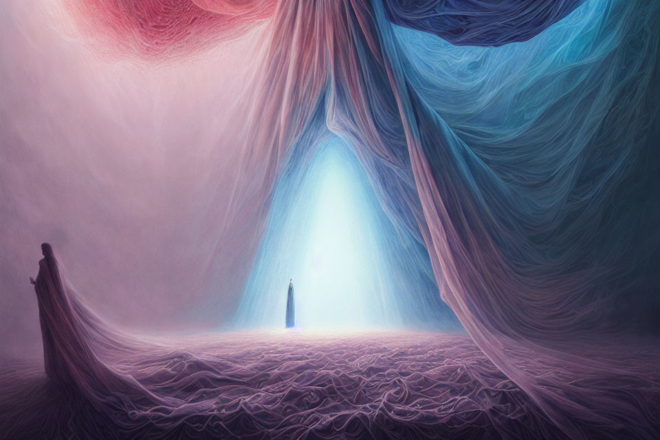 Colorful Figure at Mystical Cave Entrance with Bright Light