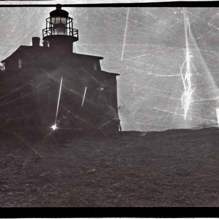 Monochromatic lighthouse photo with scratched overlay