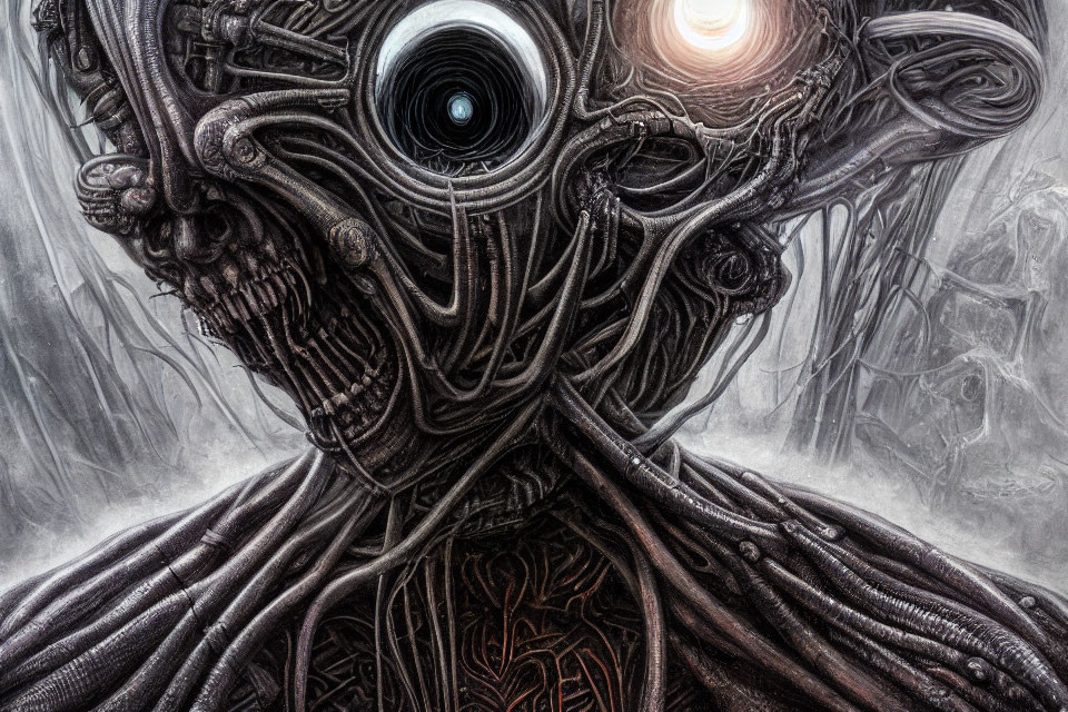 Surreal alien with multiple eyes in intricate biomechanical details