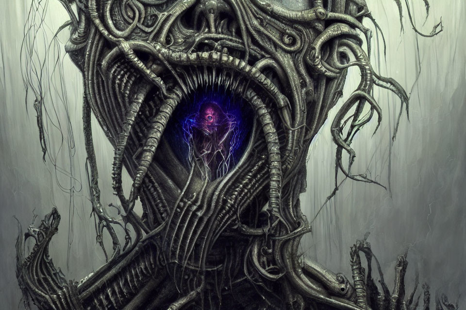 Surreal creature with tentacles and glowing orb with humanoid silhouette