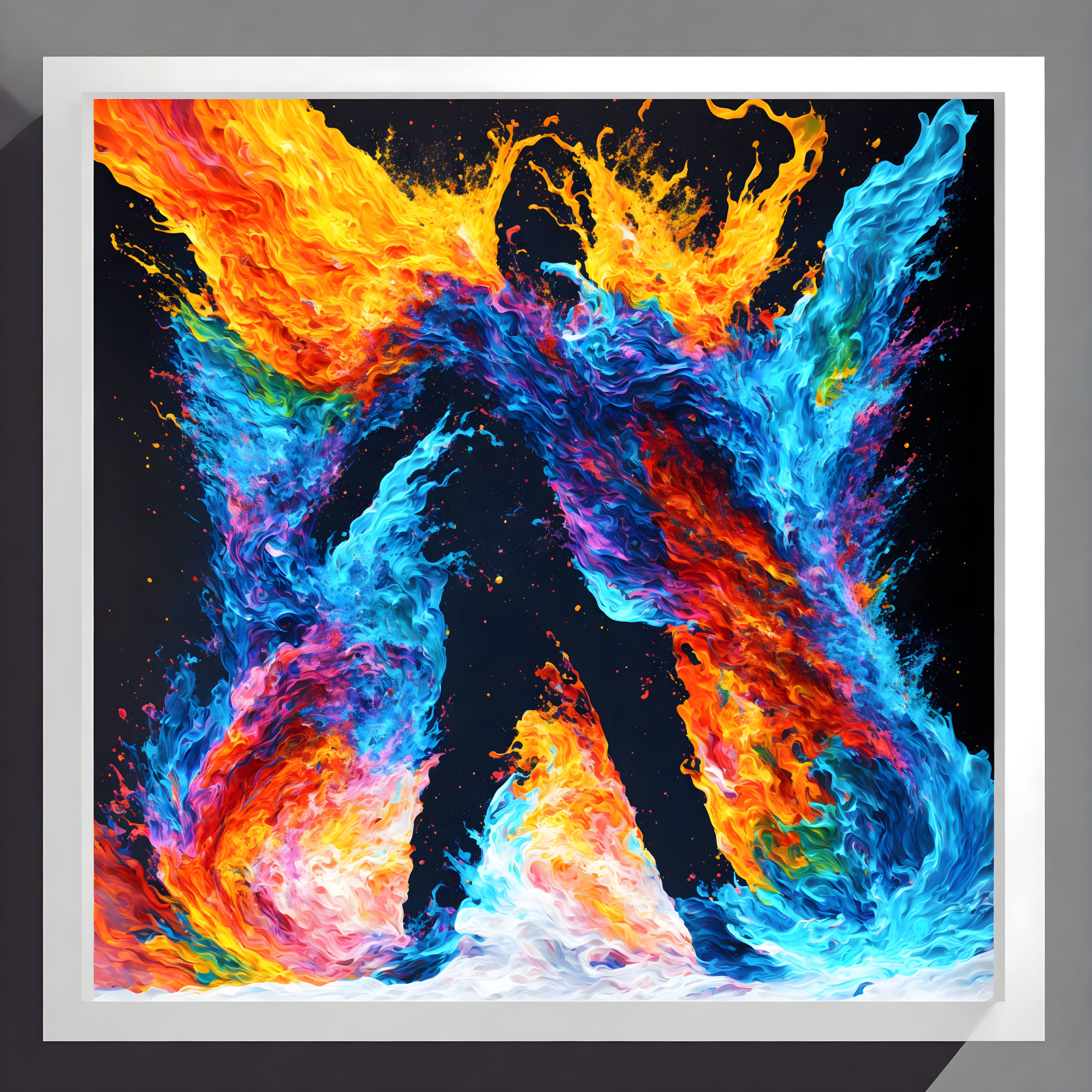 Abstract painting: Swirling flames in blue, orange, and yellow hues