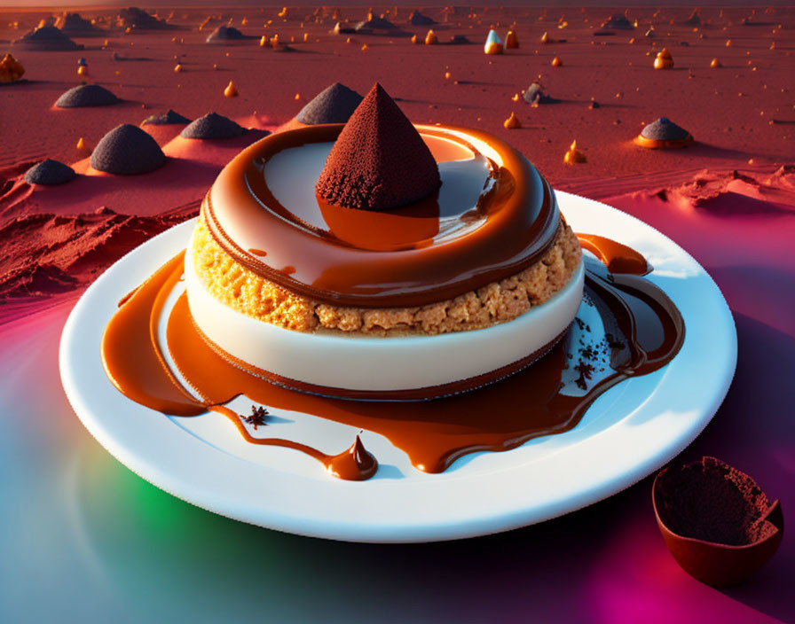 Layered Chocolate Dessert with Drizzled Sauce on White Plate in Surreal Desert Setting