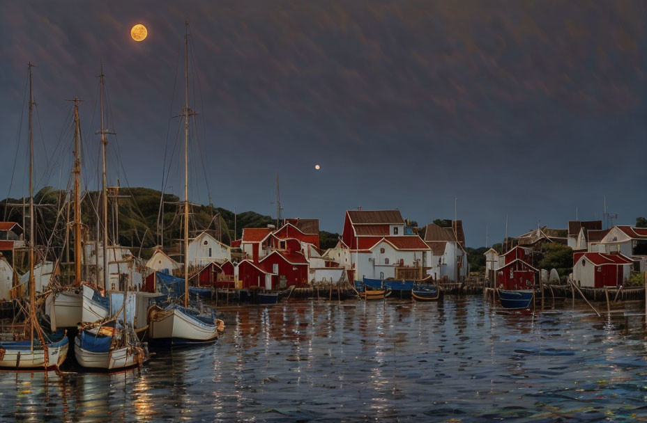 Small harbour with Moon and Mars