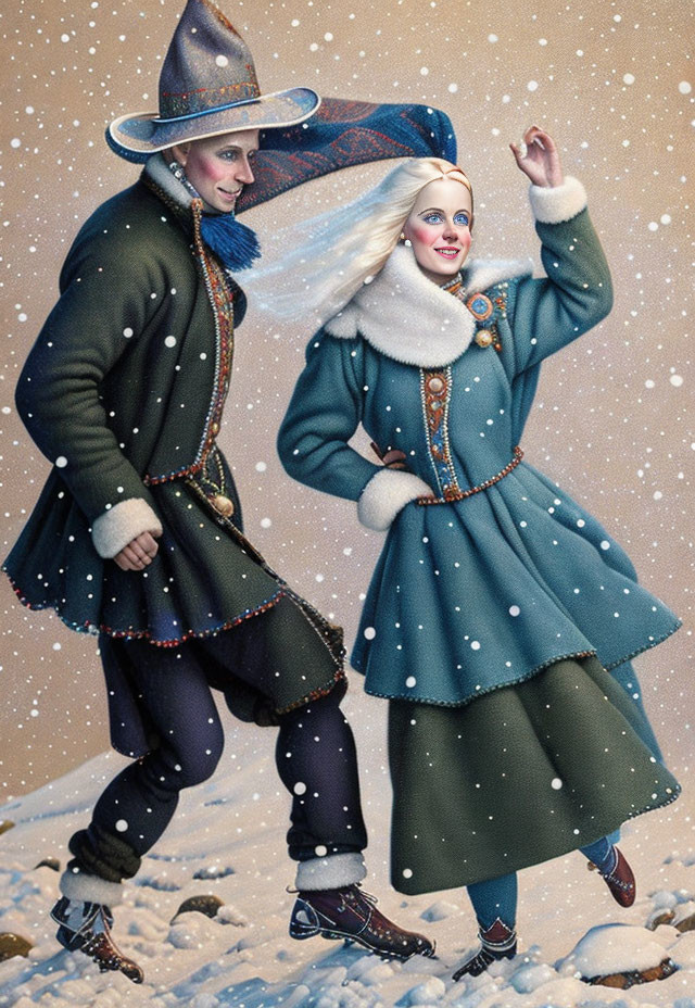 Dancing nordic couple in traditional dress
