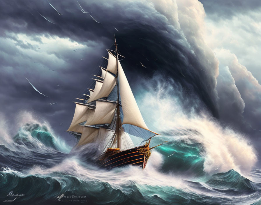 Sailing ship on stormy ocean with billowing sails and birds
