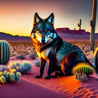 Black Wolf with Blue Eyes in Desert Sunset Landscape Artwork