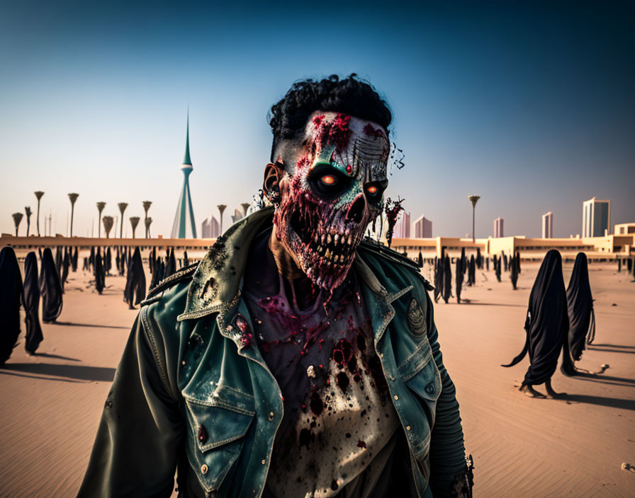 Elaborate Zombie Makeup in Desert with City Skyline and Figures