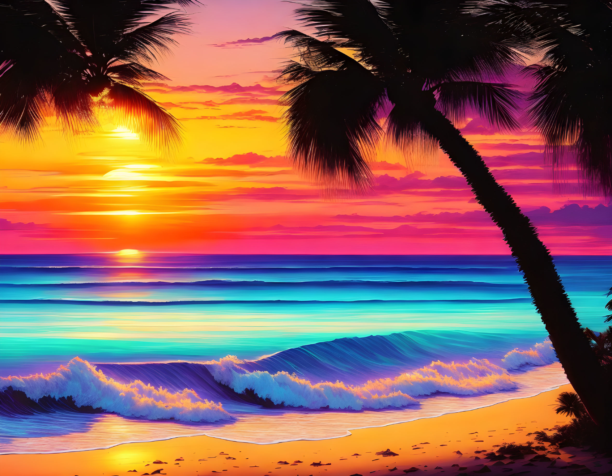 Tropical beach sunset digital artwork with palm trees and colorful sky