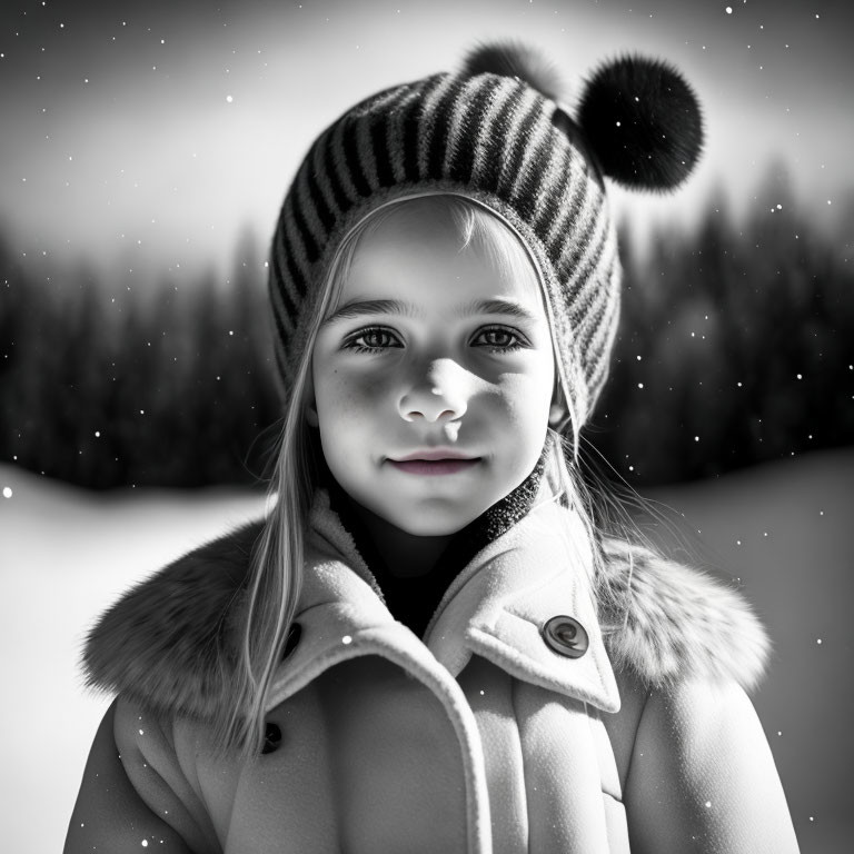 Young girl in striped beanie and winter coat smiles in snowy forest