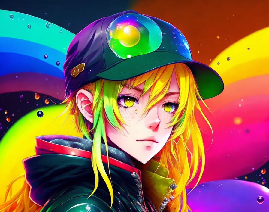 Colorful digital illustration of person with yellow hair and heterochromatic eyes in vibrant setting