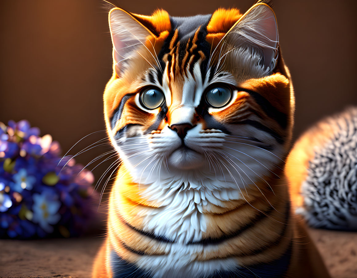Hyper-realistic digital artwork: Orange tabby cat with blue eyes and purple flowers.