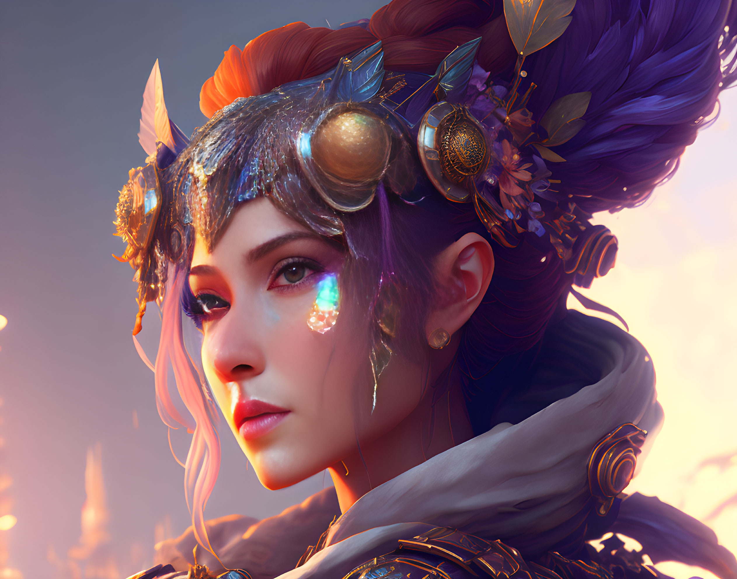 Vibrant fantasy-inspired woman portrait with intricate makeup and headdress
