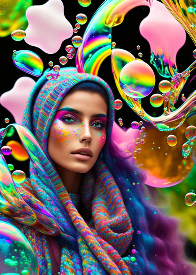 Colorful makeup woman surrounded by iridescent bubbles in multicolored garment