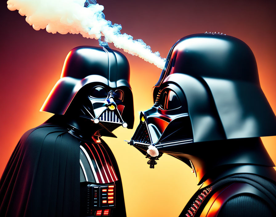 Cosplay Darth Vader characters blowing vape smoke in cone shape on orange background