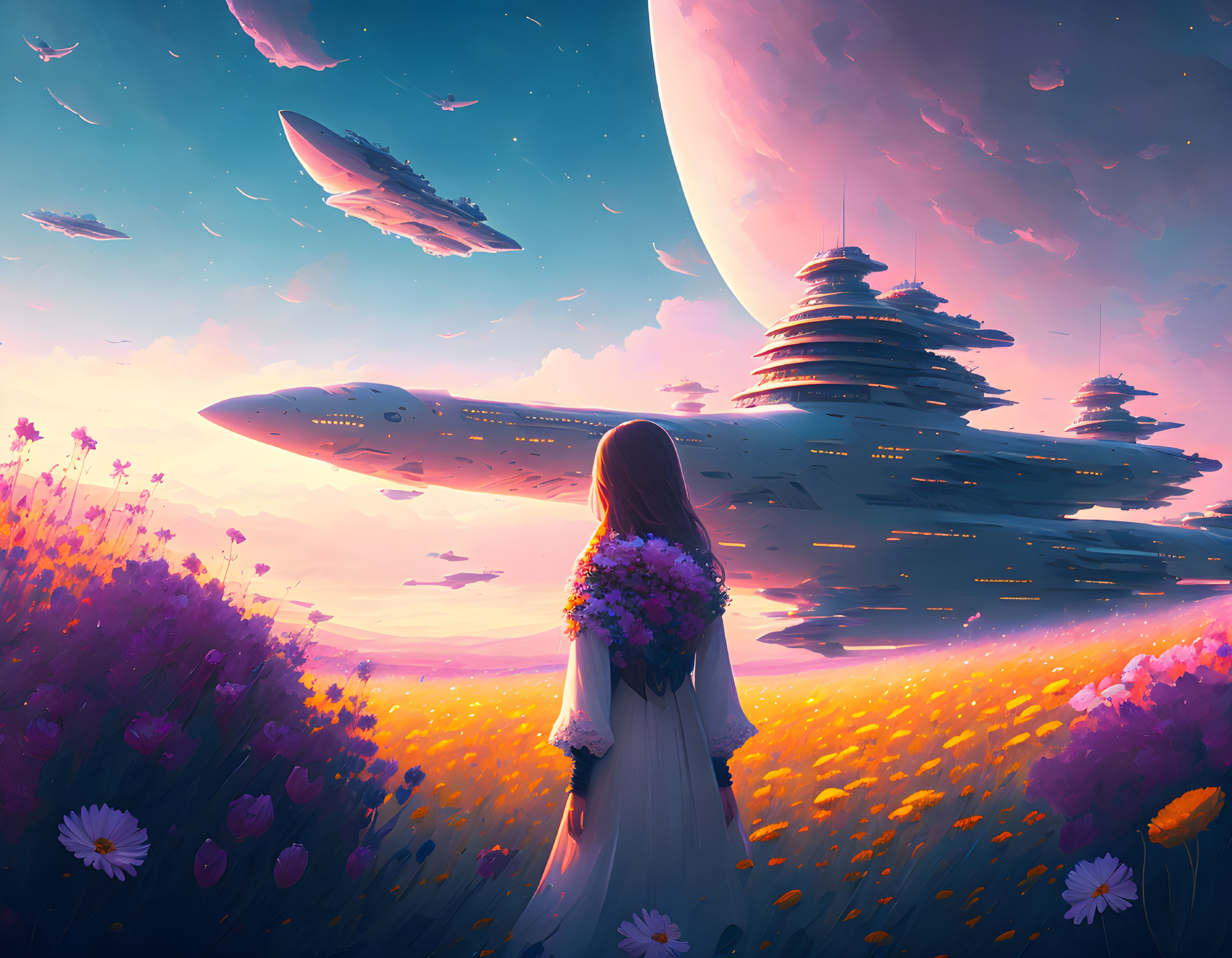 Woman with bouquet in vibrant field gazes at ships in sky above planet and sunset