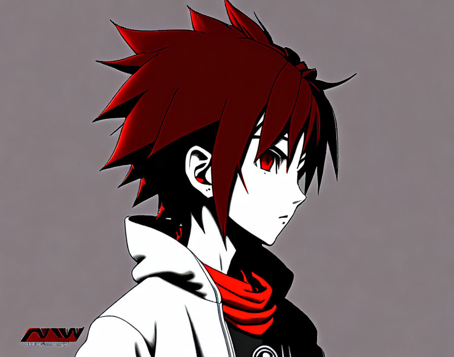Anime character with red spiky hair in white hoodie and red scarf