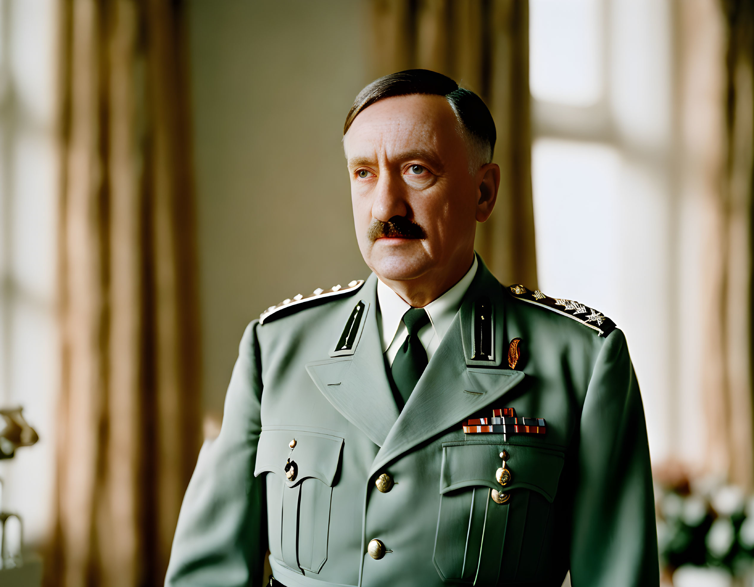 Military man with medals in serious expression by window