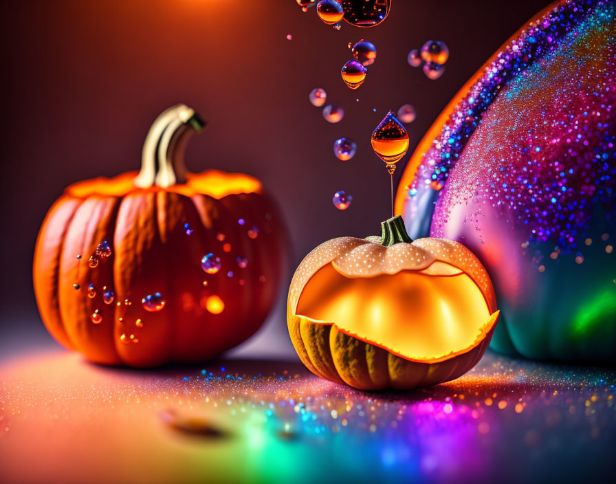 Vibrant pumpkin carving with glitter backdrop and suspended droplets