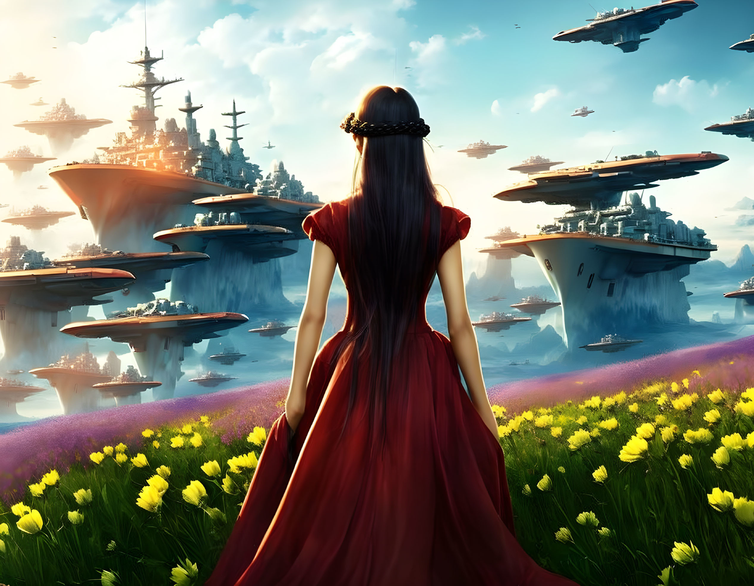 Woman in red dress admires futuristic airships in sunset sky
