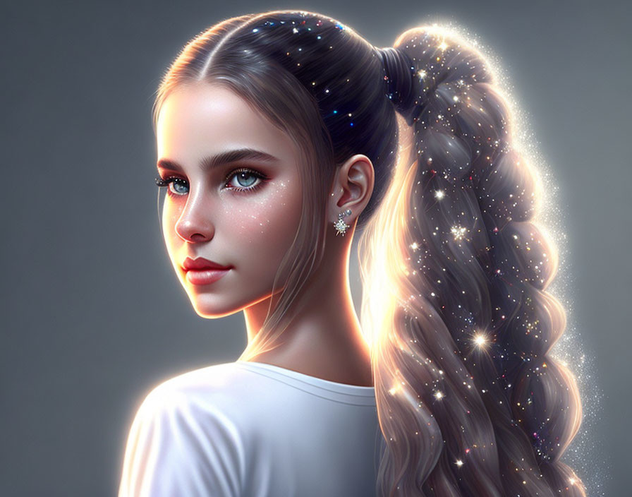 Young woman's portrait with starry hair in a braid on grey backdrop
